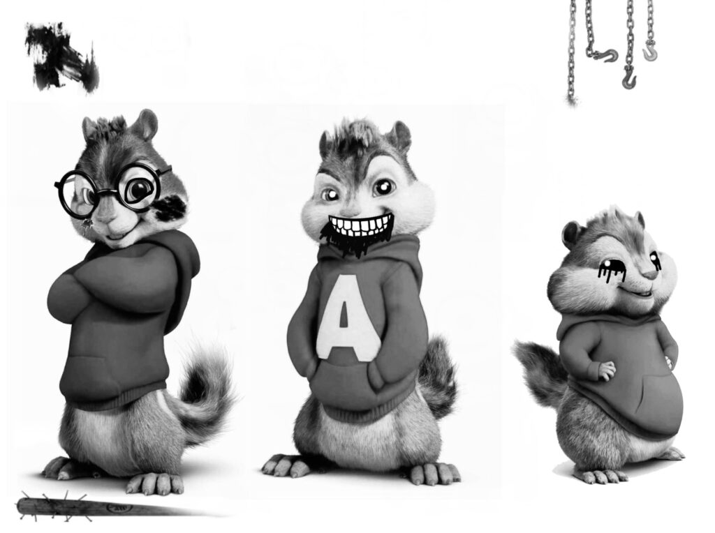 Fotografía en blanco y negro de las ardillas. Alvin con una gran sonrisa y los ojos llorosos, Simón lacrado y Teodoro llorando petróleo.