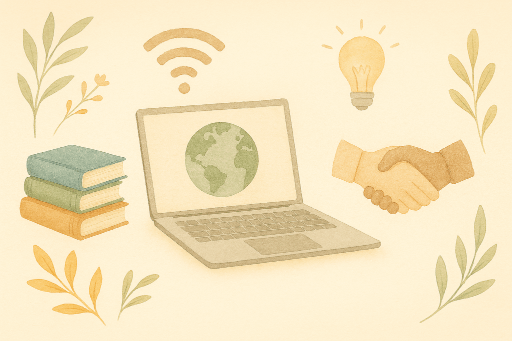 Dibujo en tonos pastel representando elementos de la tecnología como una computadora o el wi-fi