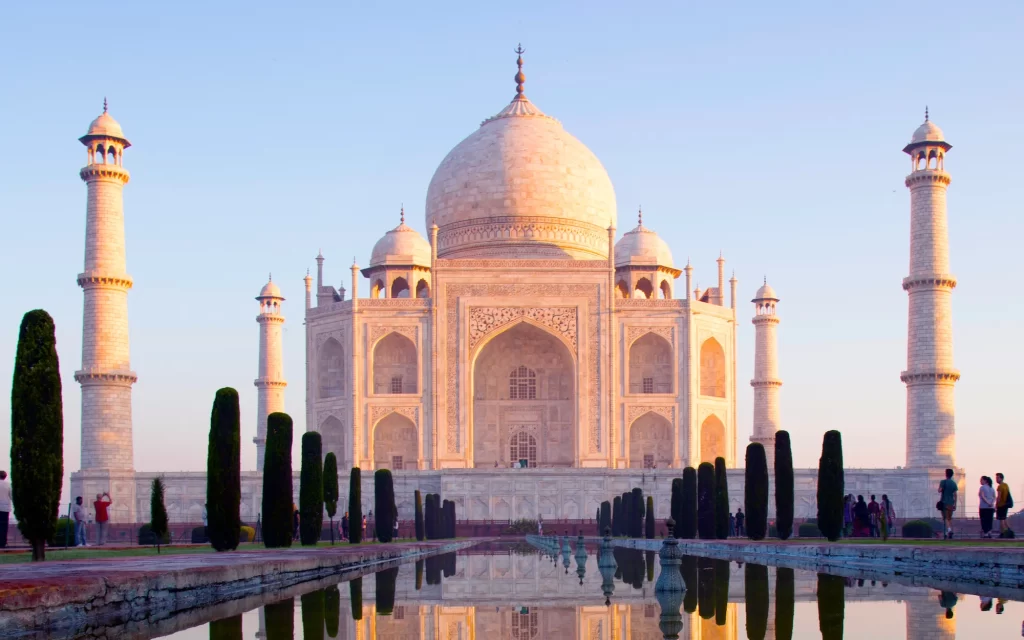 Photograph of the Taj Mahal, the mausoleum built by the Muslim emperor Shah Jahan in honor of his wife Mumtaz Mahal.