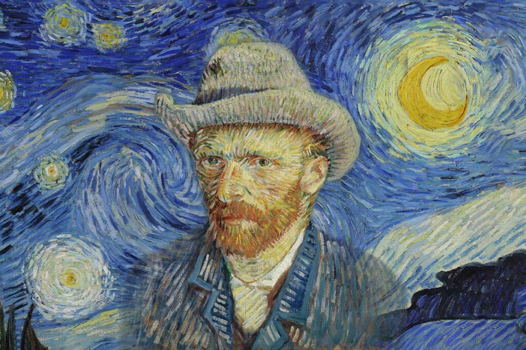Van Gogh´s self portrait with The starry night as background