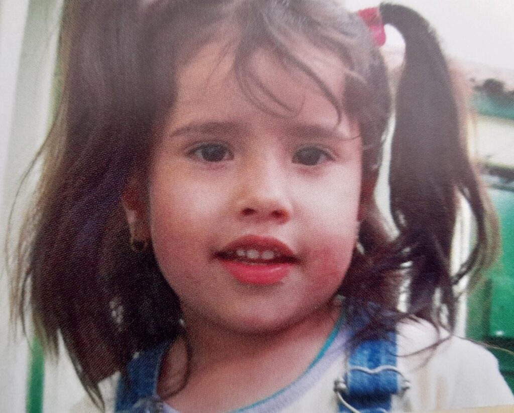Niña pequeña agarrada el pelo y mirando a la cámara.