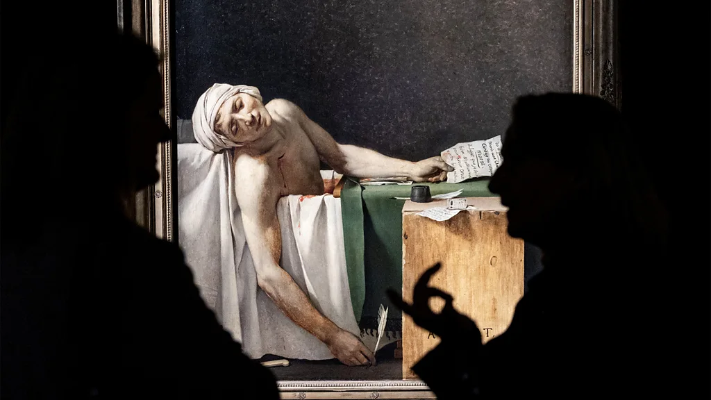 Photography of The Death of Marat.  Painting of Jacues-Louis David portraying the death of a man in his bathtub.

