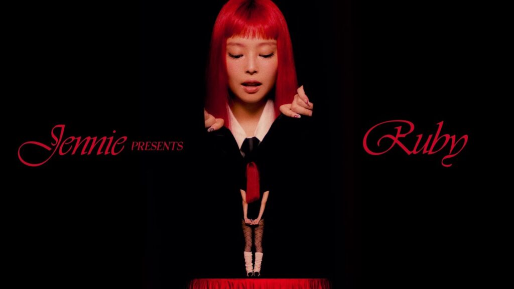 Visual representation of the concept of Jennie's album Ruby: An image that reflects the confidence and boldness of her alter ego, Ruby Jane, with a dark yet artistic aesthetic. The central figure conveys a mix of elegance and urban style, surrounded by a creative and modern atmosphere. Colors like red, white, and black dominate the scene.