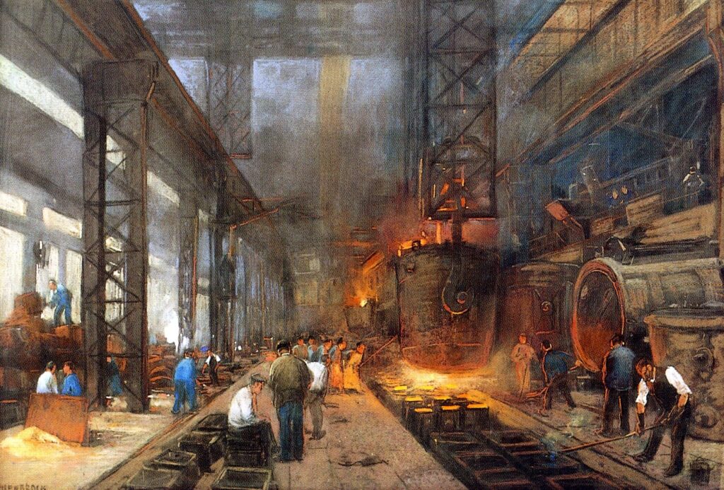Interior of a 19th-century metalworking factory during the Industrial Revolution, featuring large iron structures, a glowing furnace, and workers handling molds and tools. The scene is filled with smoke and heat, illustrating harsh working conditions and the rise of industrialization. It symbolizes the impact of technological innovations on mass production and social transformation.