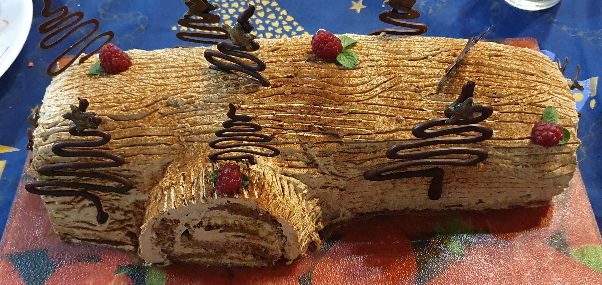 Photograph of a coffee Yule log decorated with chocolate trees, raspberries, and mint leaves.