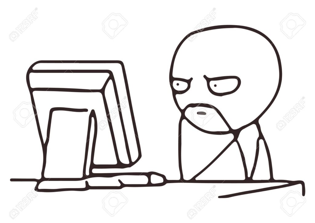 Dibujo de una persona viendo su computadora pensativo