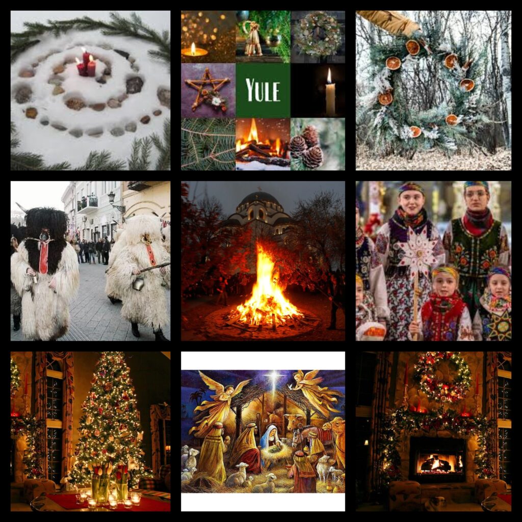 Collage of photographs showing the three mentioned celebrations:
Yule (a circle of stones with candles and branches; pinecones, pine branches, candles, a pentagram made of branches, candles, and a Christmas wreath; a Christmas wreath with oranges),
Koleda (people dressed as Krampus; a bonfire; children wearing traditional Northern European clothing and ornaments),
and Christmas (a Christmas tree with lights and ornaments, a Nativity scene, and a decorated living room with a fireplace and a Christmas wreath).