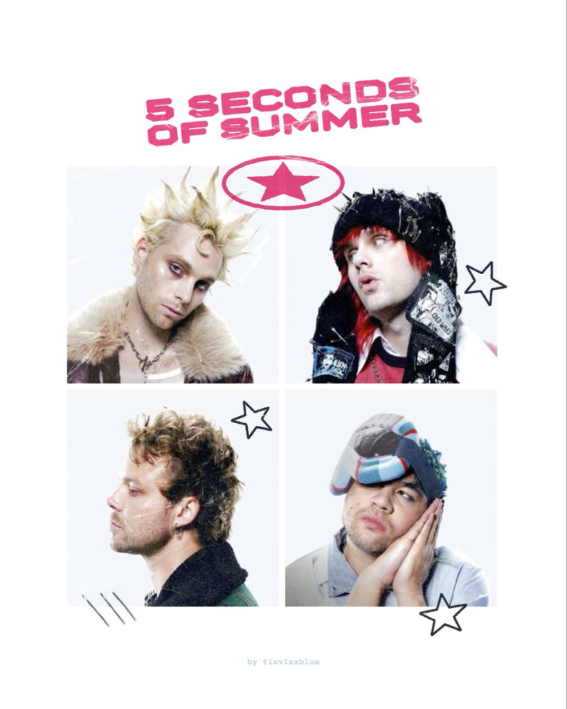 Collage-style poster featuring pictures of the 4 members of 5sos