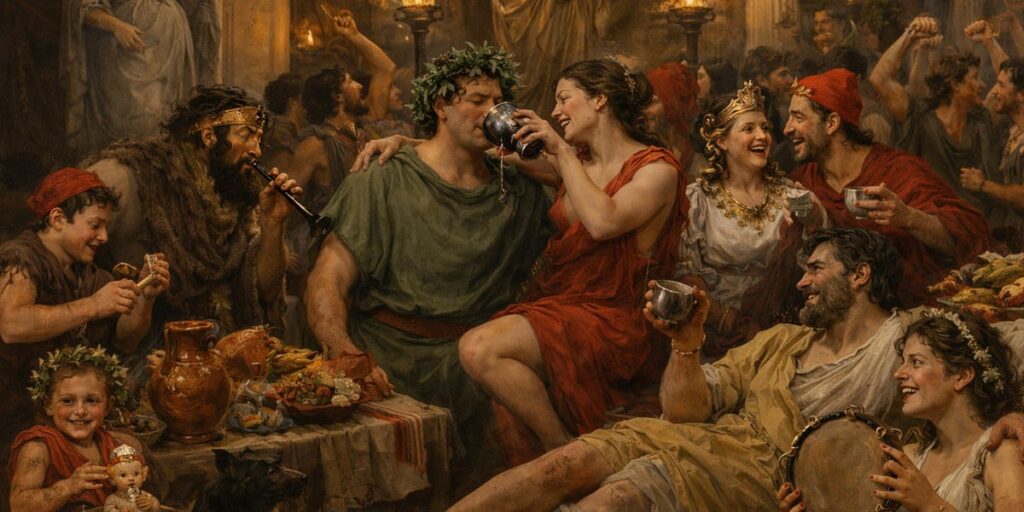 Romanos en un banquete bebiendo vino y comiendo.