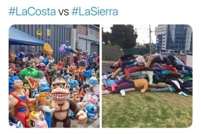 En el lado izquierdo se representan los monigotes típicos de la región Costa, elaborados con cartón y pintados con gran detalle de personajes de la cultura popular, como Vegeta de la serie Dragon Ball, dinosaurios y Donkey Kong del universo de Mario Bros, entre otros. En el lado derecho se observa una pila de monigotes tradicionales de la región sierra, confeccionados con ropa vieja y rellenos de diferentes materiales.