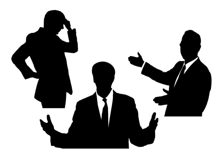 Blog about Deafness: Interpreter, Shadow, Announcer. Silhouettes of men in typical business poses.
